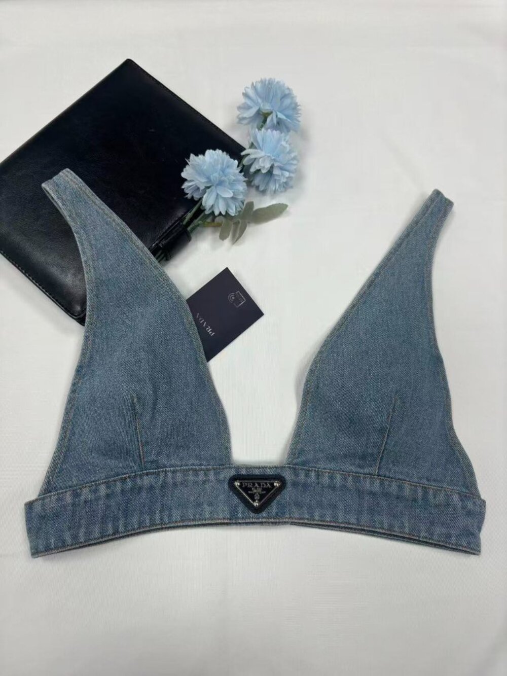 NWT Prada Iconic Logo Denim Bra Top Crop Y2K Designer Tank 🥂 - Picture 3 of 9